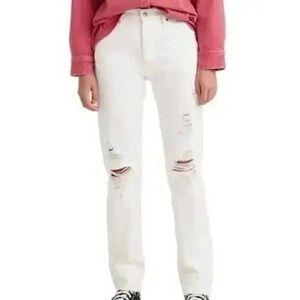 NWT Levis 501 Original Fit Women’s 100% Cotton Jeans White Distressed 27 x 30